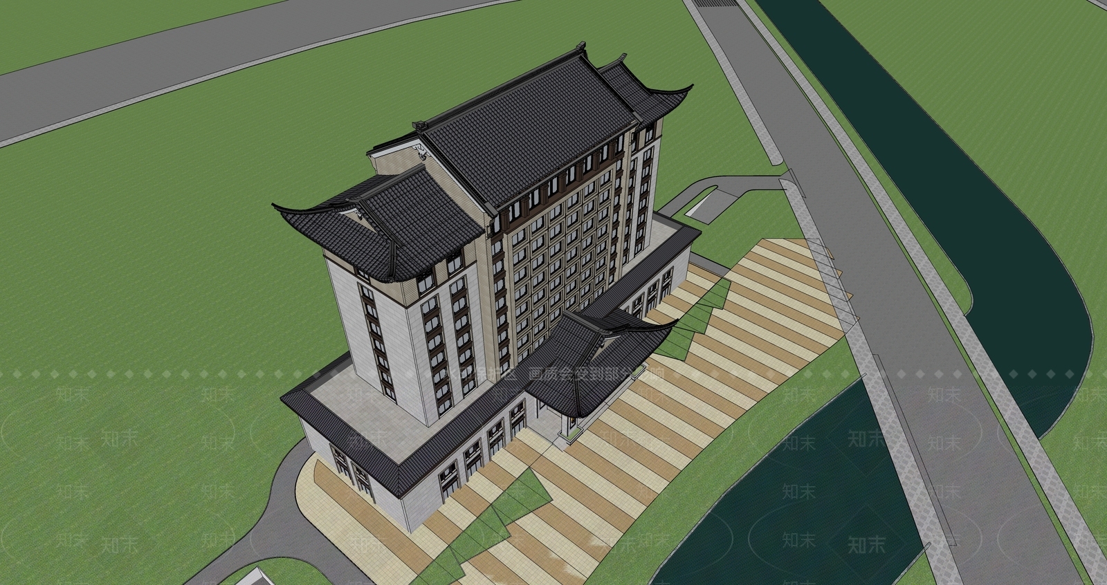 新中式中式酒店建筑SU模型下载【ID:1194201401】