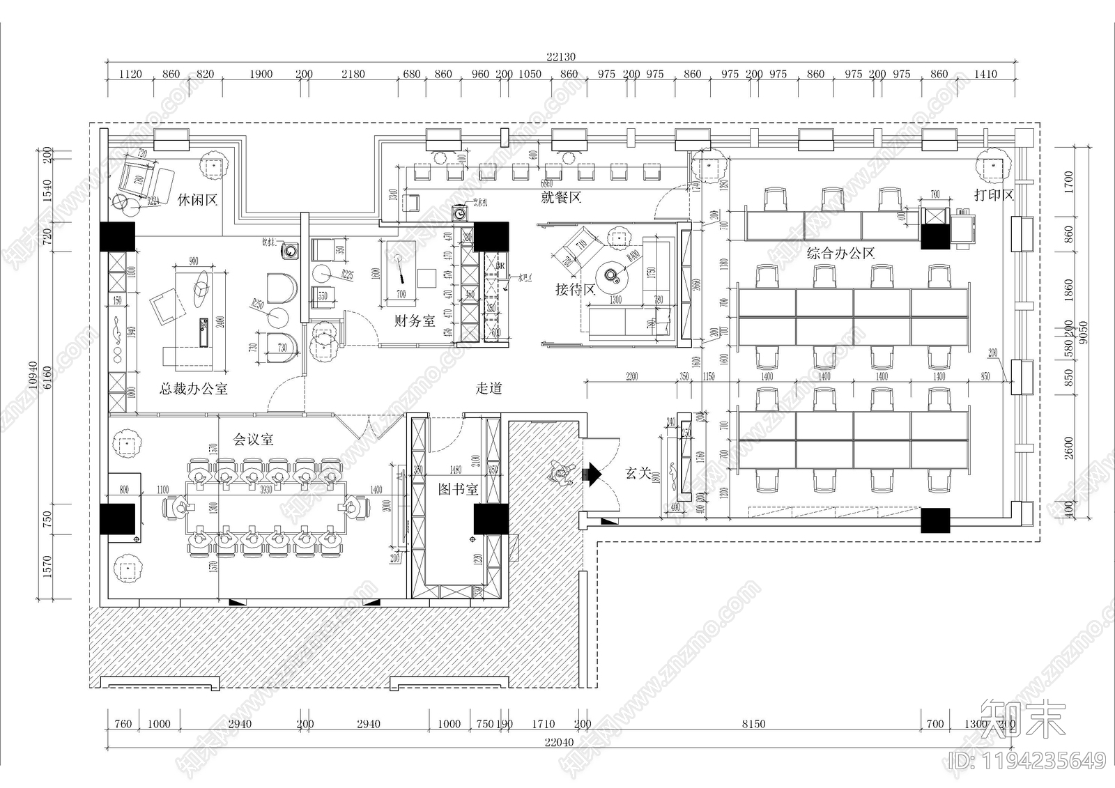 现代独立办公室cad施工图下载【ID:1194235649】