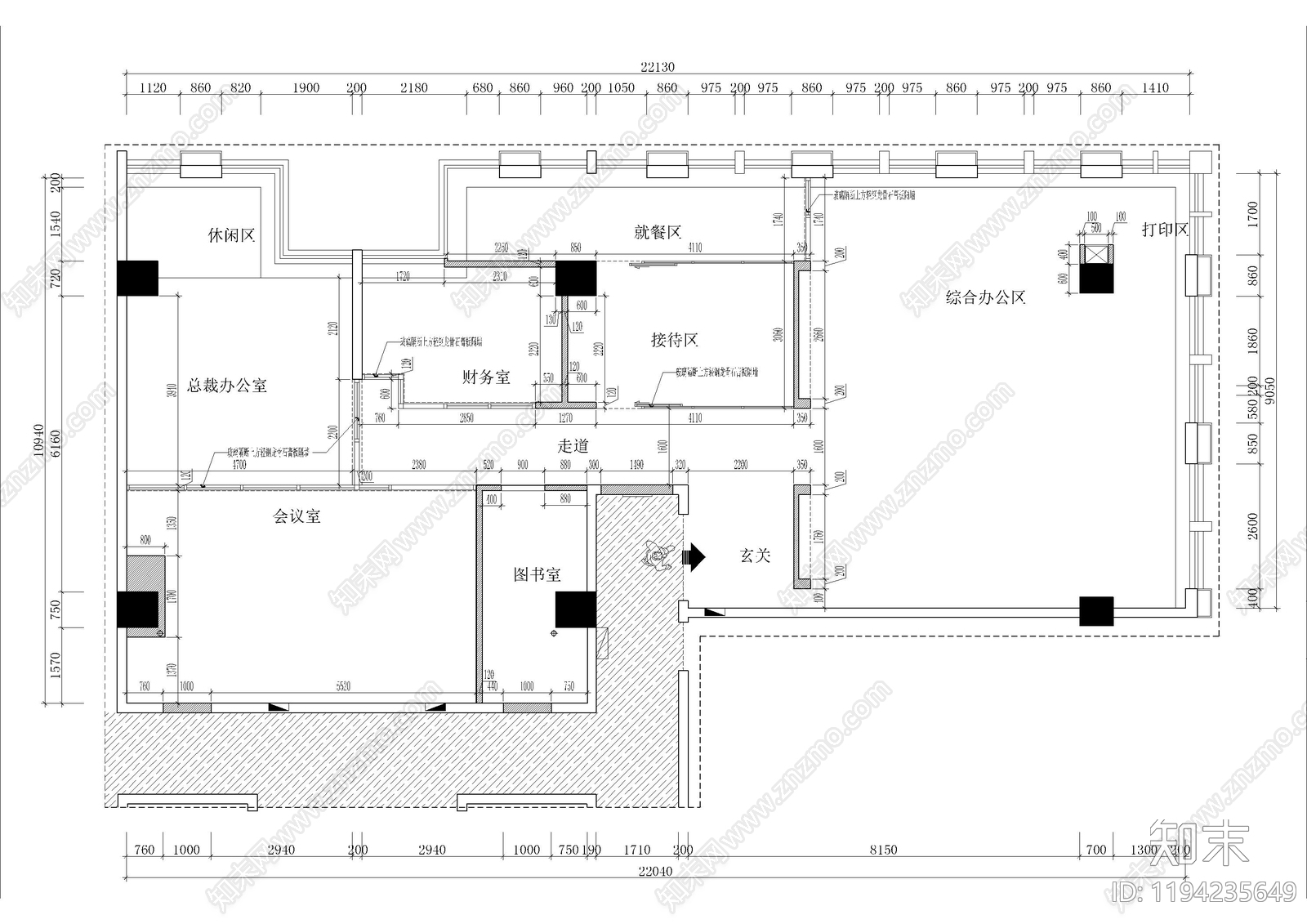 现代独立办公室cad施工图下载【ID:1194235649】