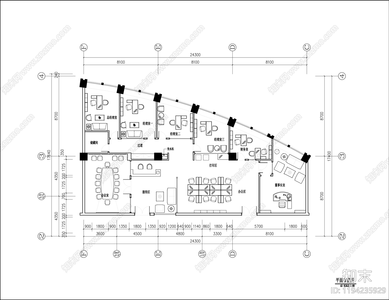 现代独立办公室cad施工图下载【ID:1194235929】