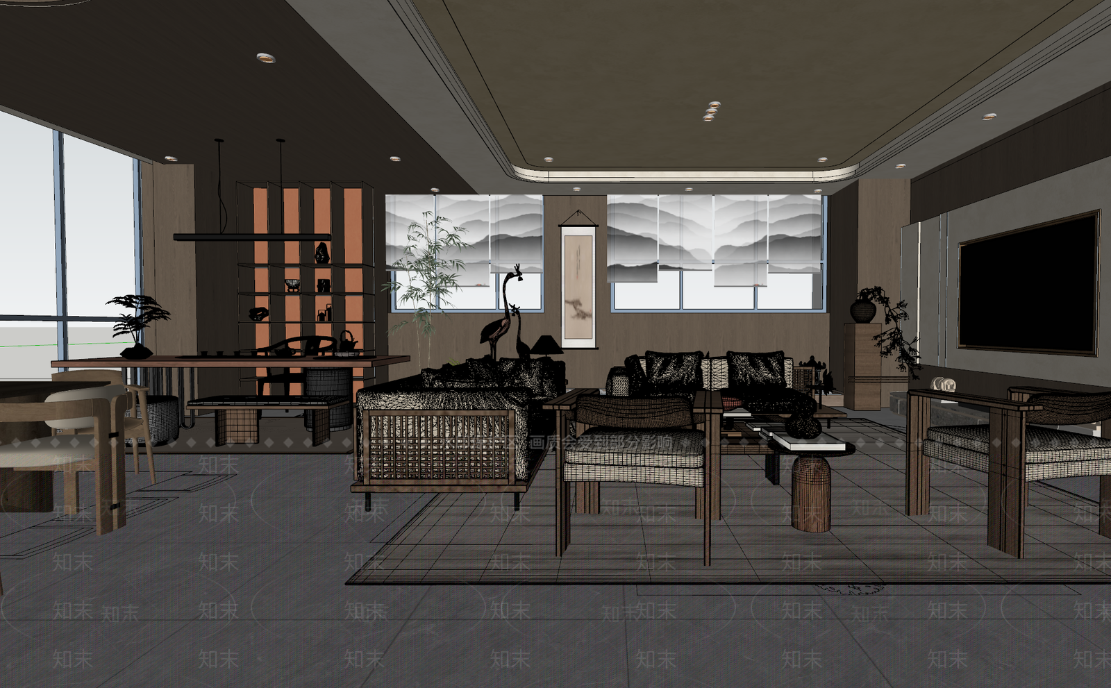 新中式轻奢其他办公区域SU模型下载【ID:1194239541】