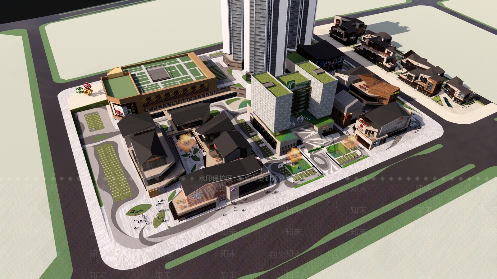 现代新中式商场建筑SU模型下载【ID:1194252028】