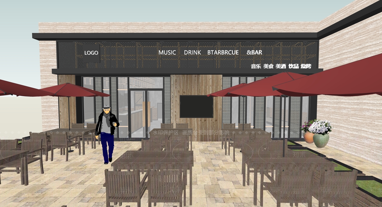 现代原木餐饮建筑SU模型下载【ID:1194257694】