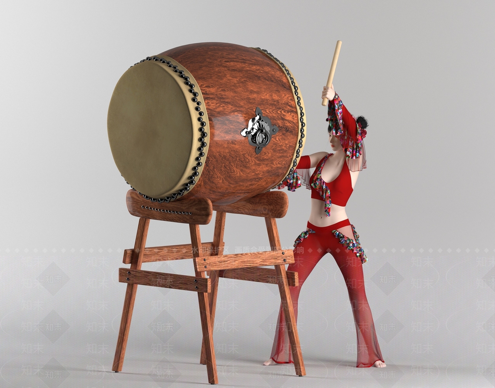 现代中国风打鼓美女3D模型下载【ID:1194287199】