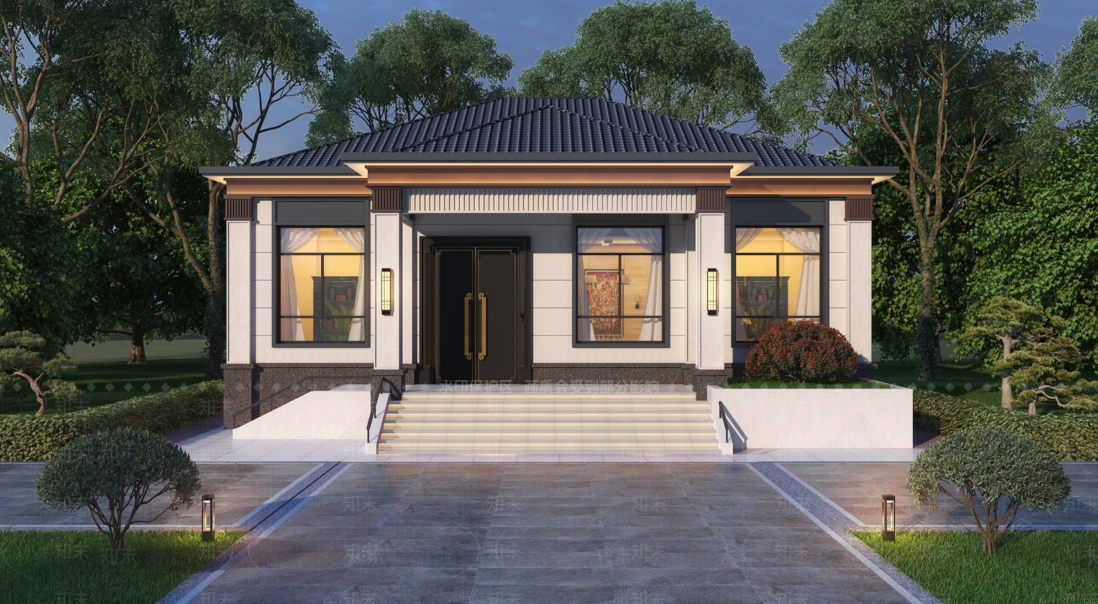 新中式现代别墅外观3D模型下载【ID:1194290964】