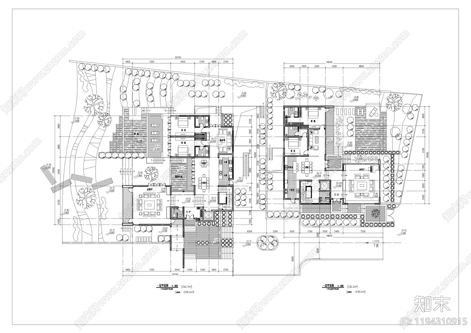 现代新中式别墅建筑施工图下载【ID:1194310915】