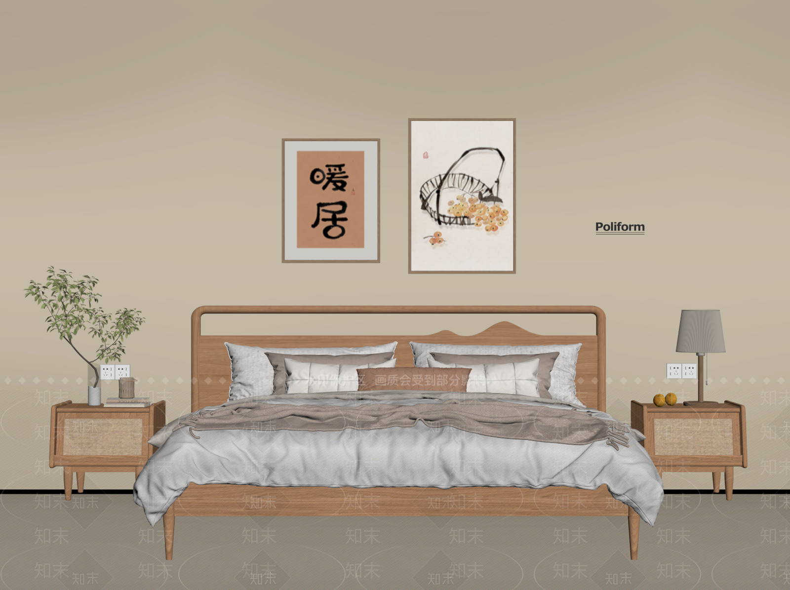 现代日式双人床SU模型下载【ID:1194321547】