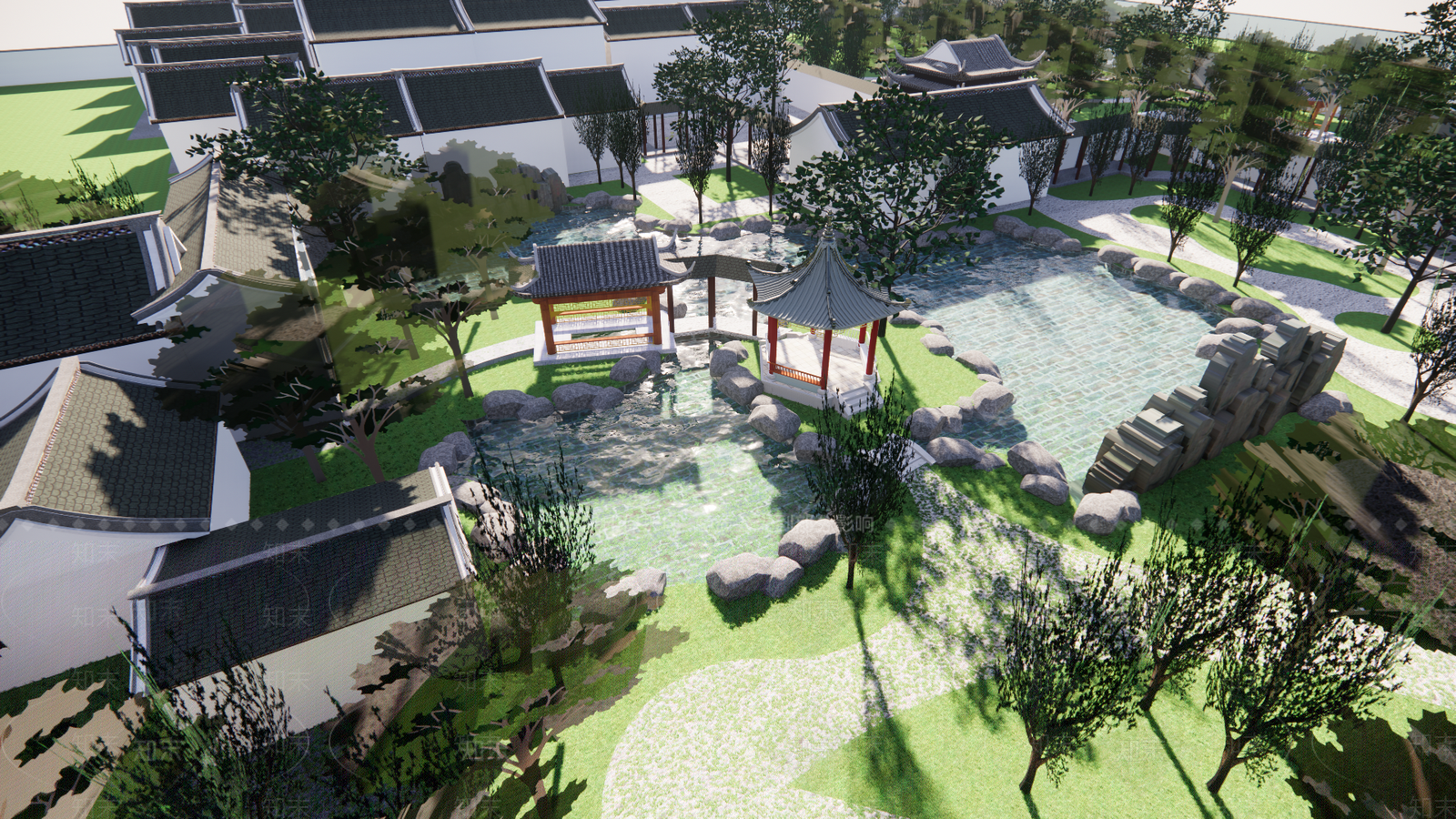中式景观公园SU模型下载【ID:1194340376】