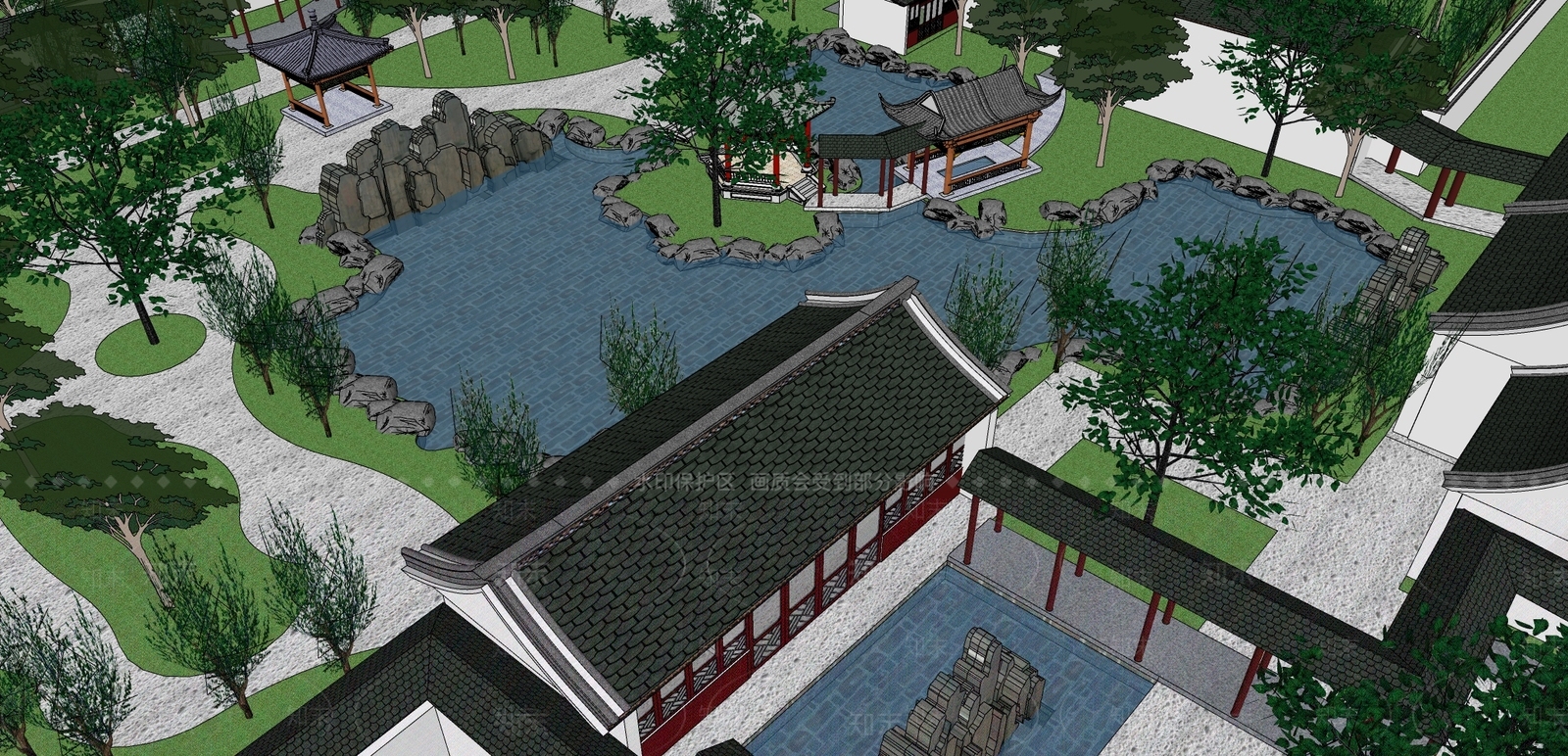 中式景观公园SU模型下载【ID:1194340376】