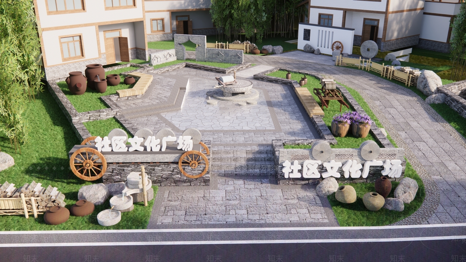 现代美丽乡村广场景观SU模型下载【ID:1194350206】