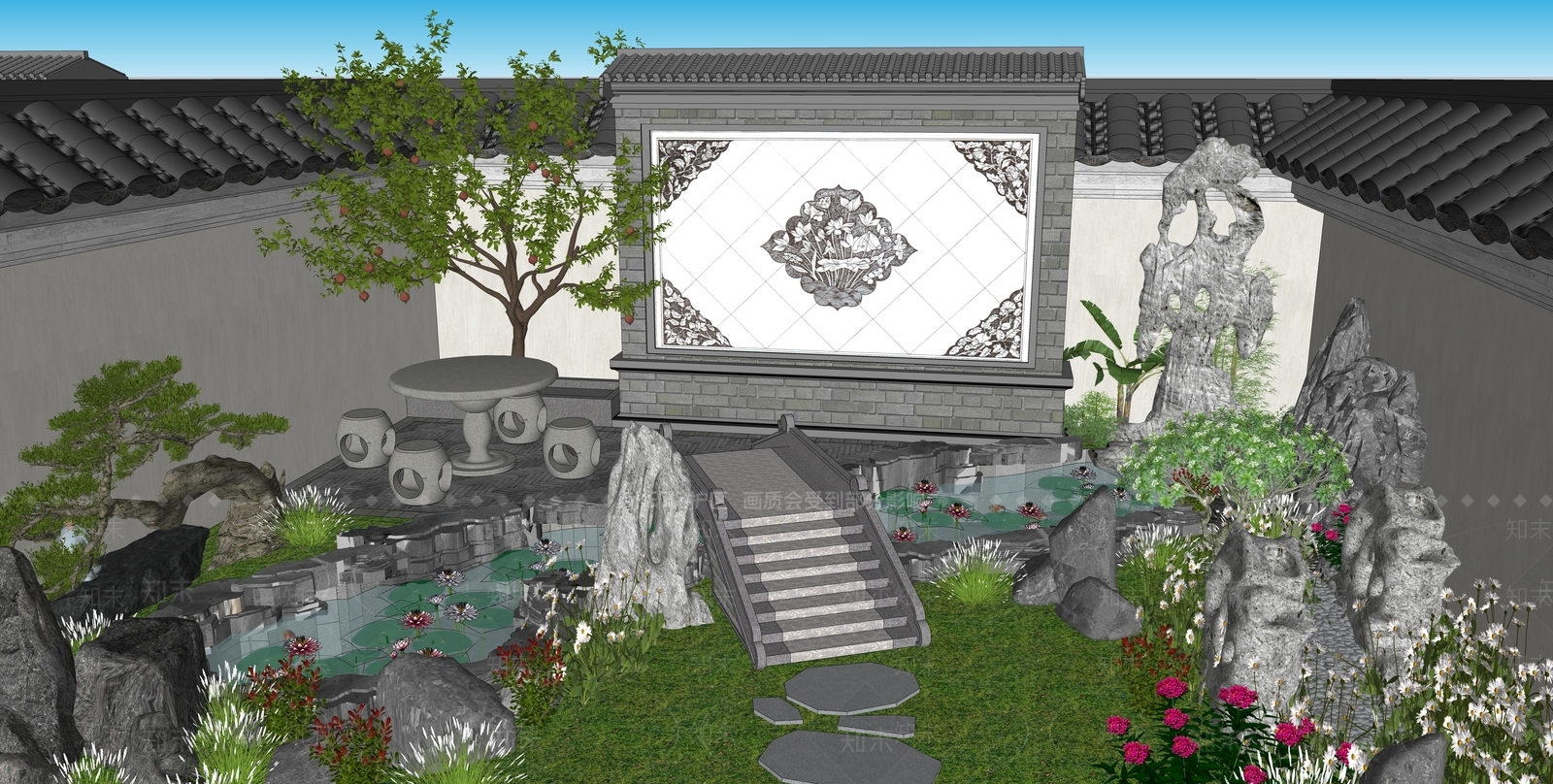 新中式别墅庭院SU模型下载【ID:1194354345】