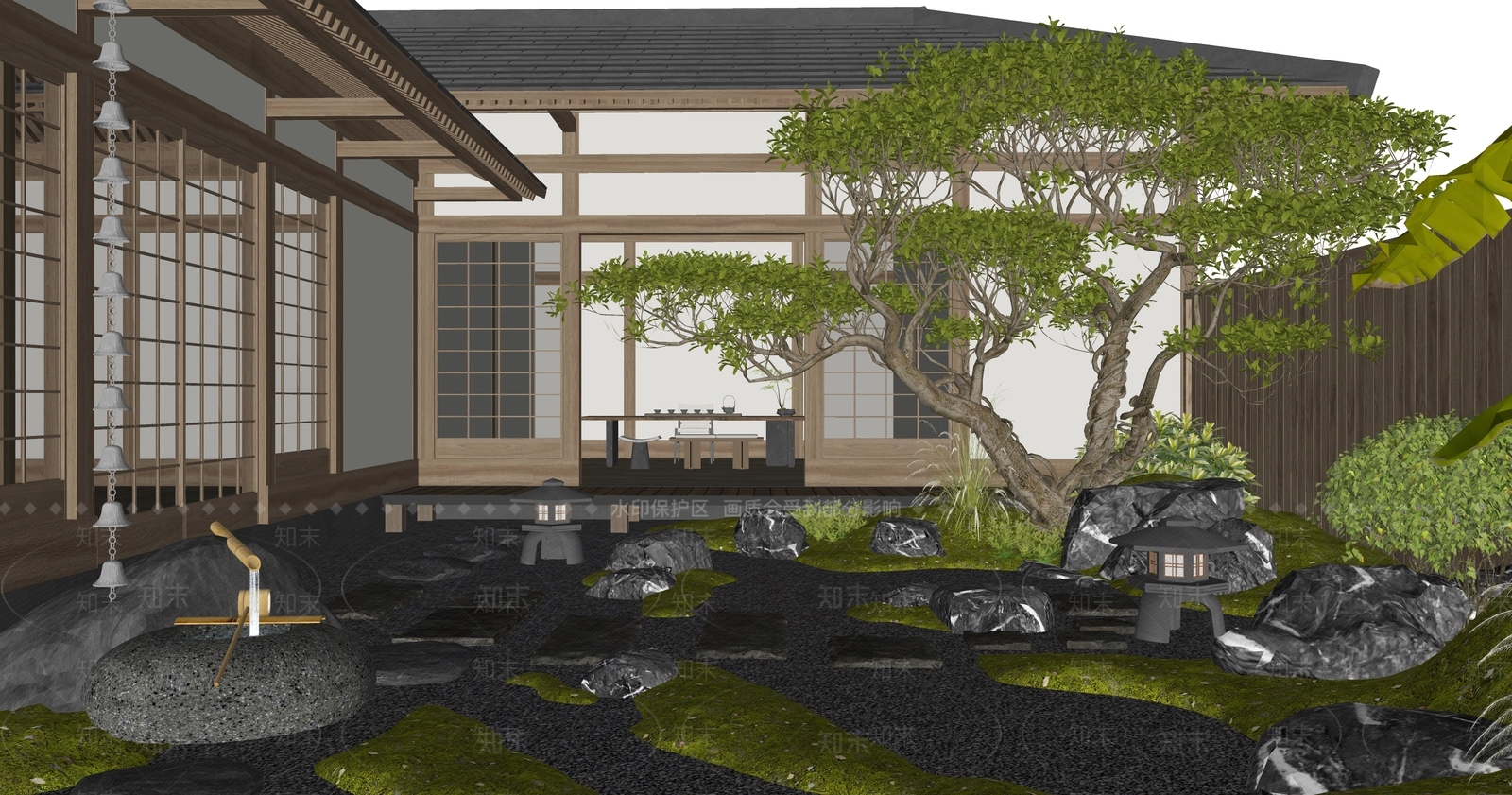 日式新中式别墅庭院SU模型下载【ID:1194357857】