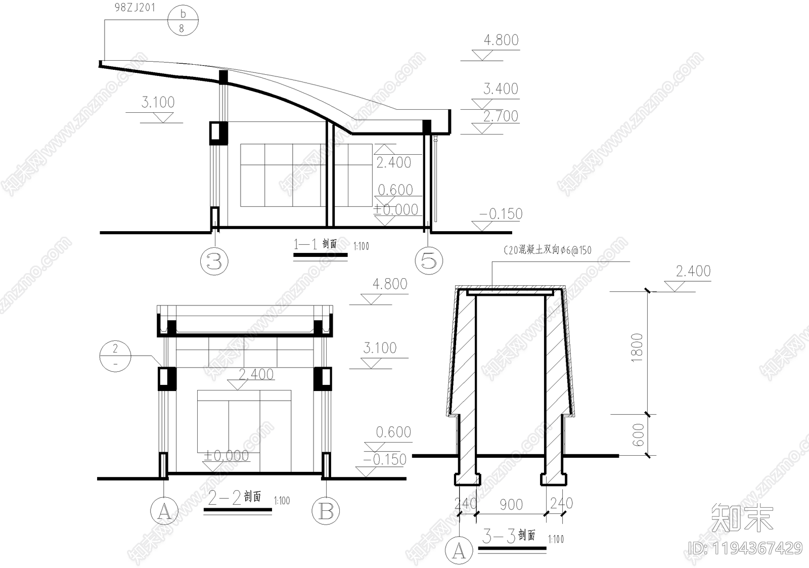 门卫室建筑cad施工图下载【ID:1194367429】