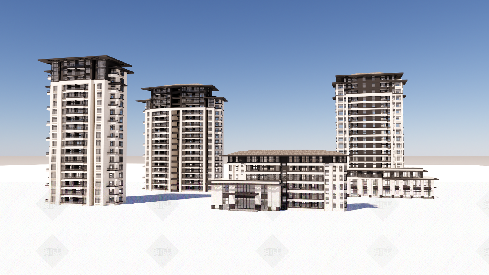 现代新中式高层住宅SU模型下载【ID:1194370437】