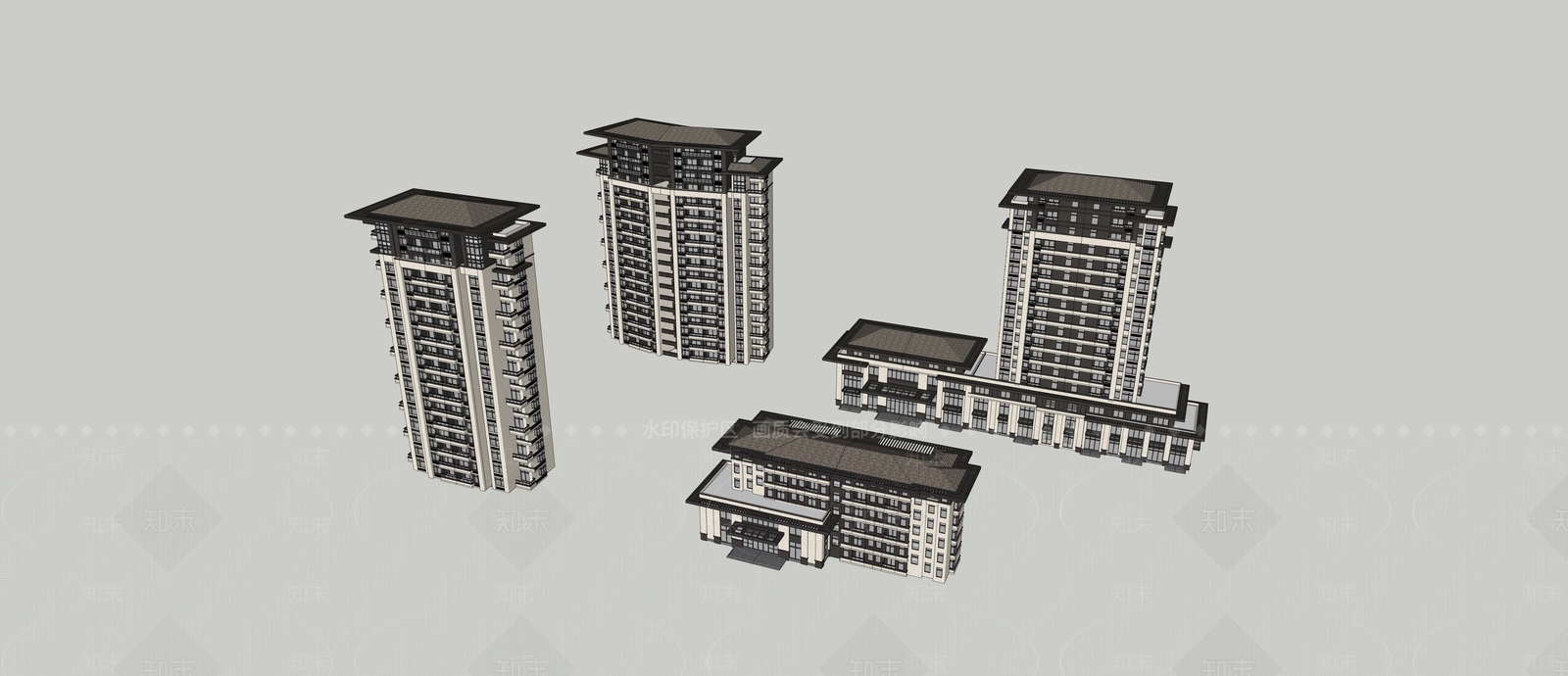 现代新中式高层住宅SU模型下载【ID:1194370437】
