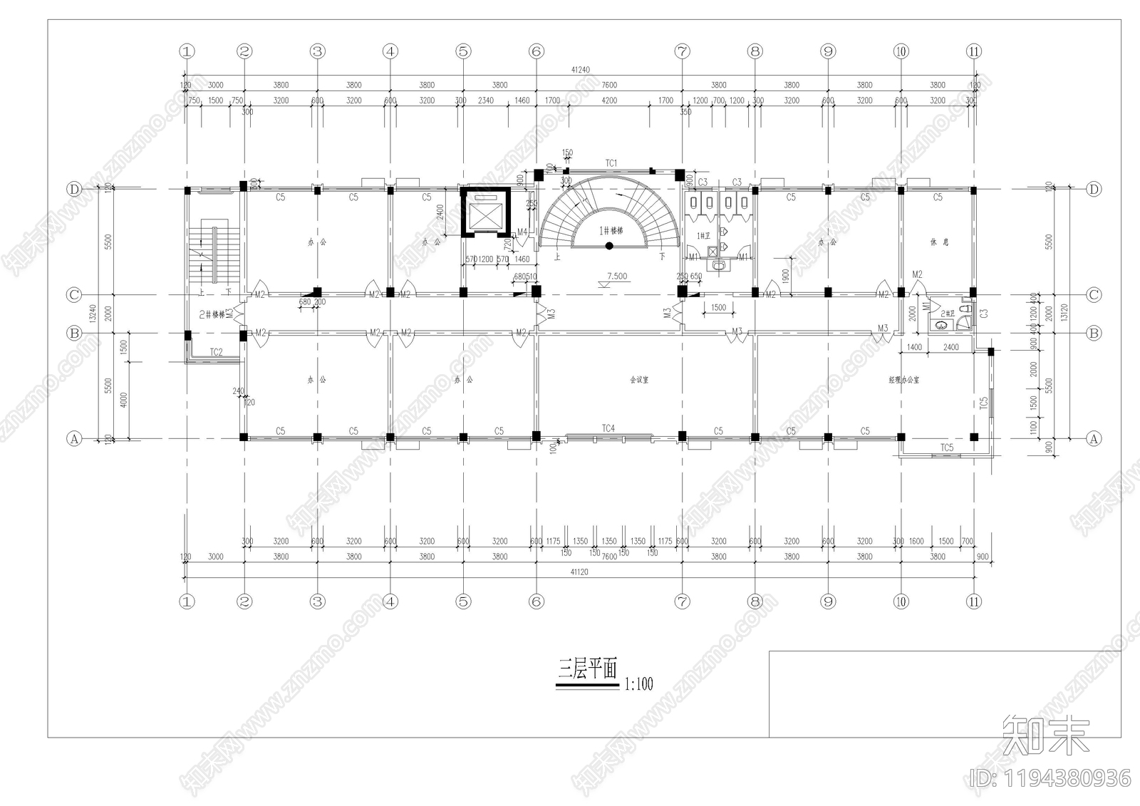 现代办公楼建筑cad施工图下载【ID:1194380936】