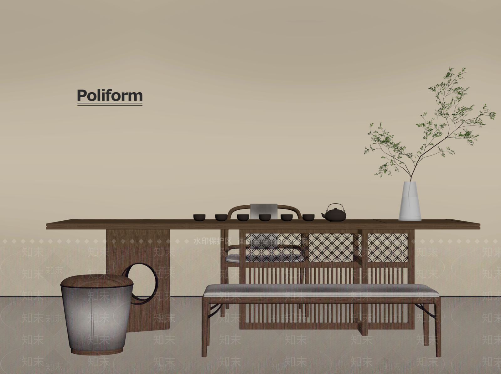 新中式茶桌椅SU模型下载【ID:1194383599】