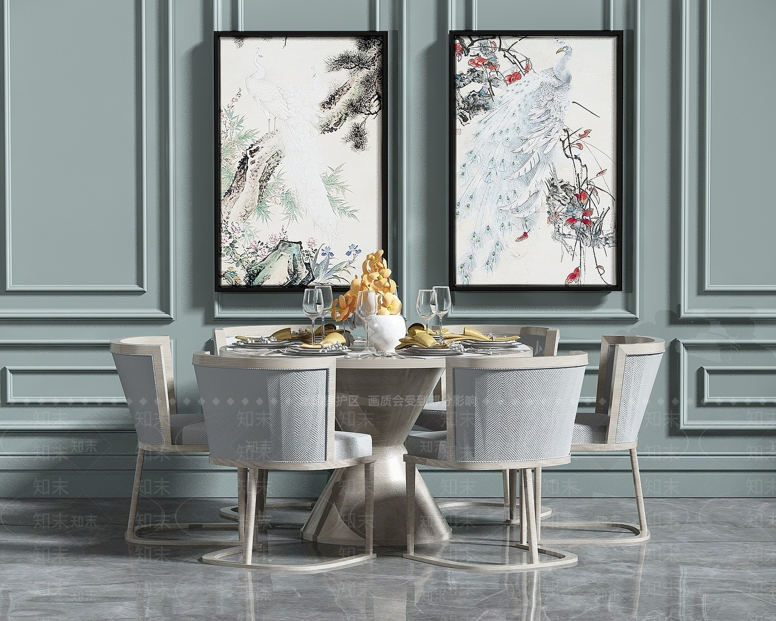 新中式圆形餐桌3D模型下载【ID:1194395453】