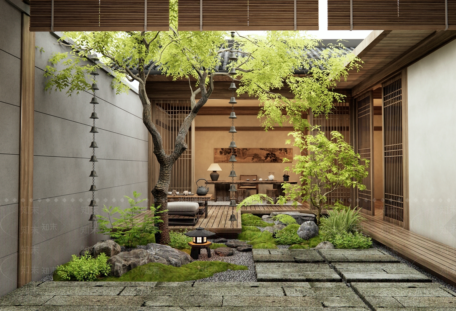 日式新中式别墅庭院SU模型下载【ID:1194404991】
