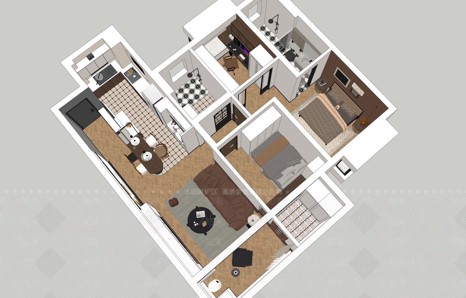 中古简欧家装鸟瞰SU模型下载【ID:1194416348】