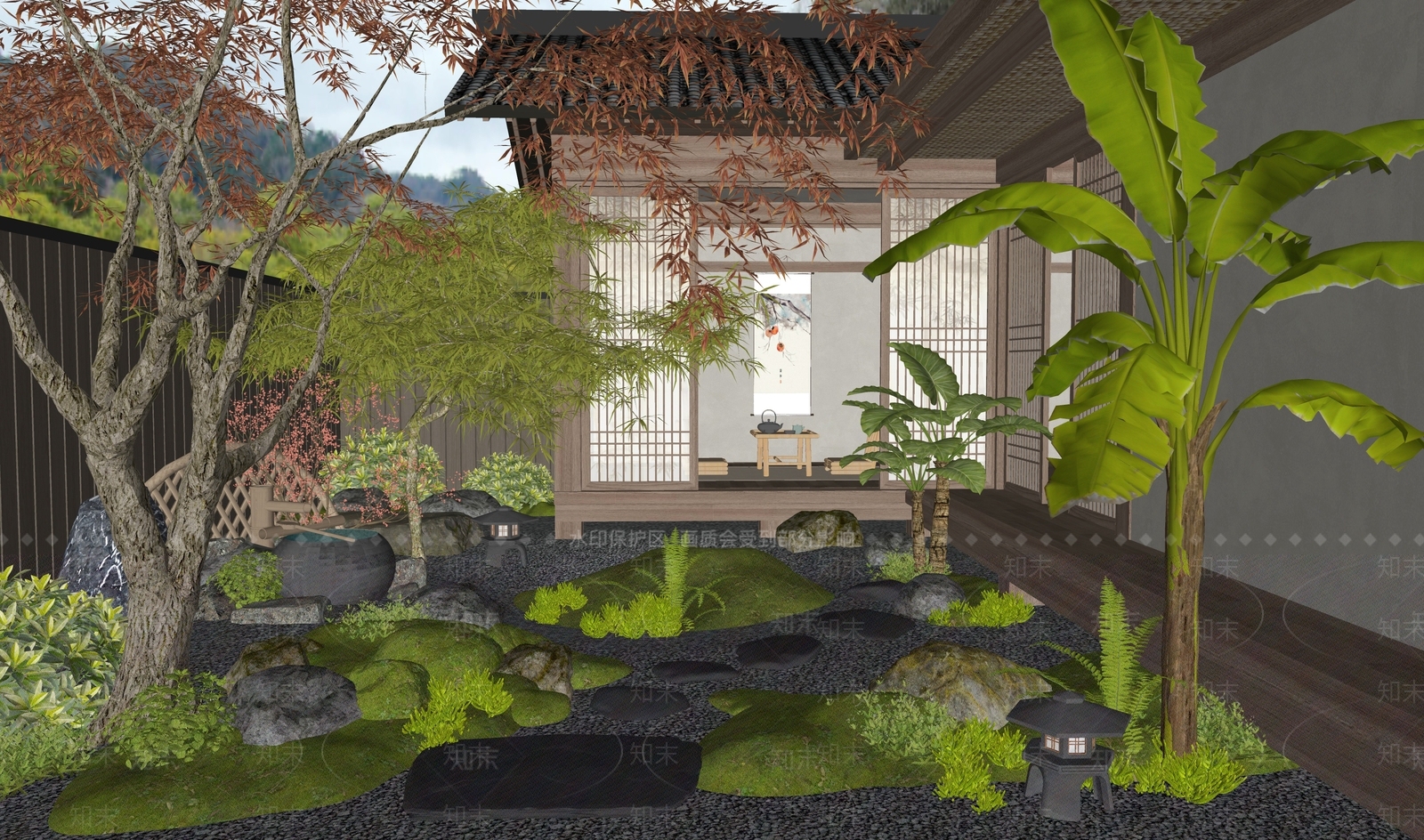 新中式禅意乡村庭院SU模型下载【ID:1194429855】
