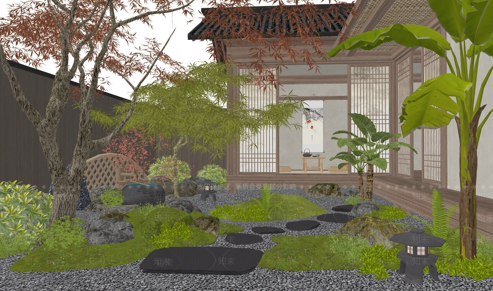日式禅意别墅庭院SU模型下载【ID:1194440353】