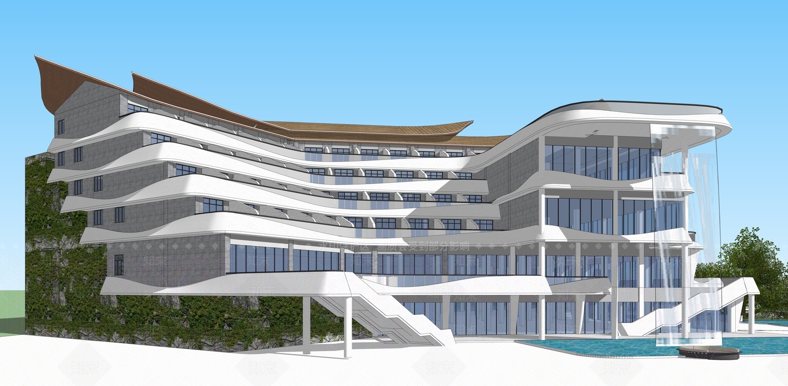 现代新中式酒店建筑SU模型下载【ID:1194477581】