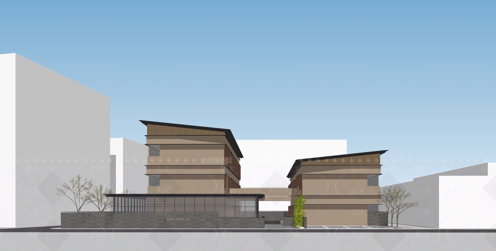 现代新中式民宿建筑SU模型下载【ID:1194515422】