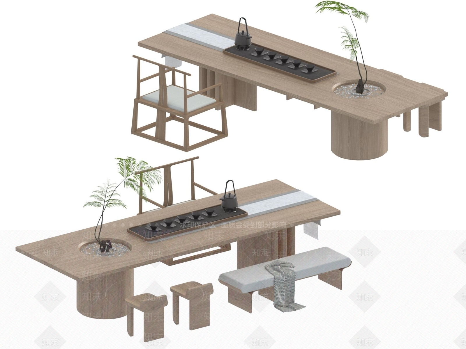 现代新中式茶桌椅3D模型下载【ID:1194522772】