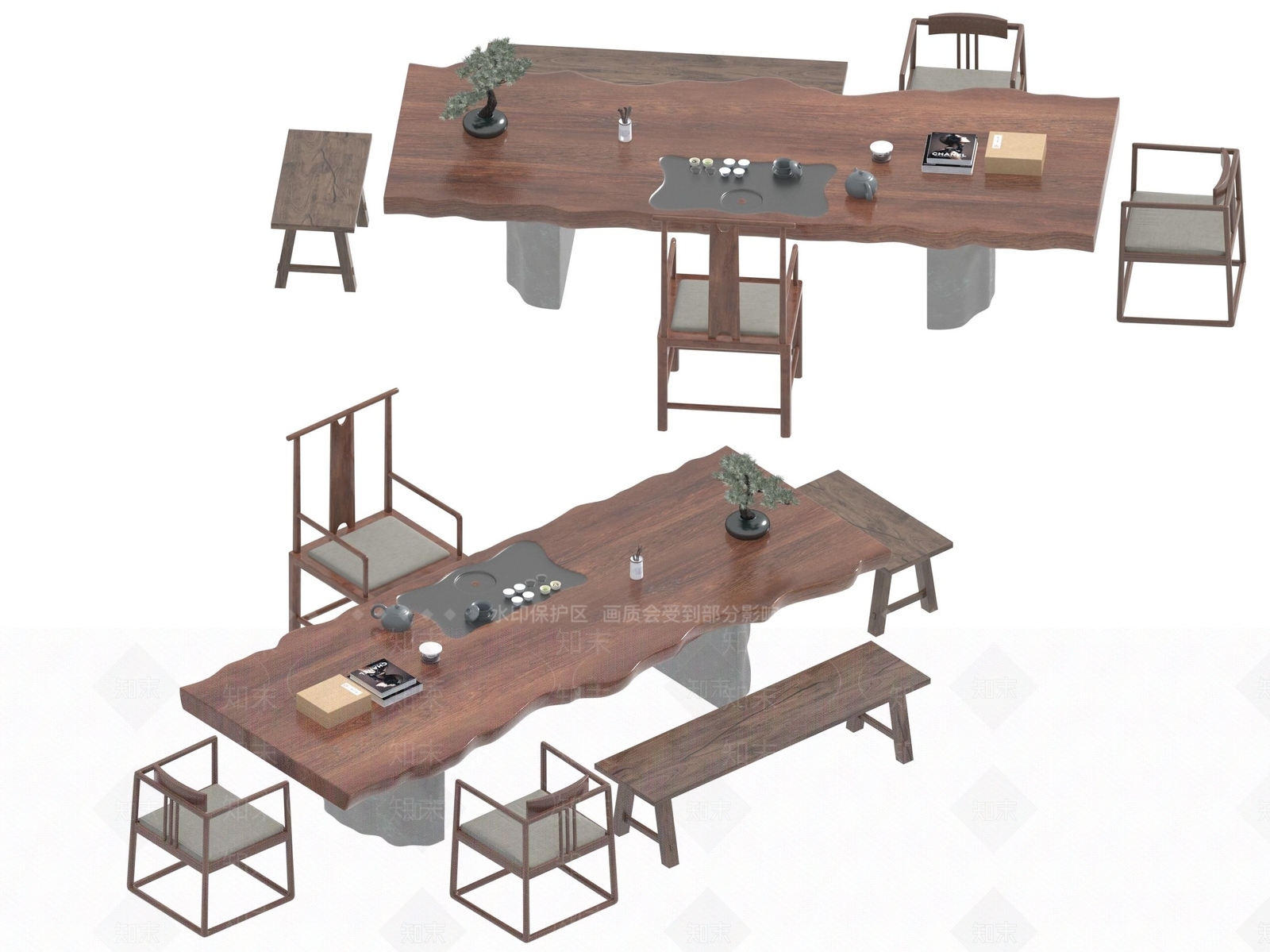 现代新中式茶桌椅3D模型下载【ID:1194523011】