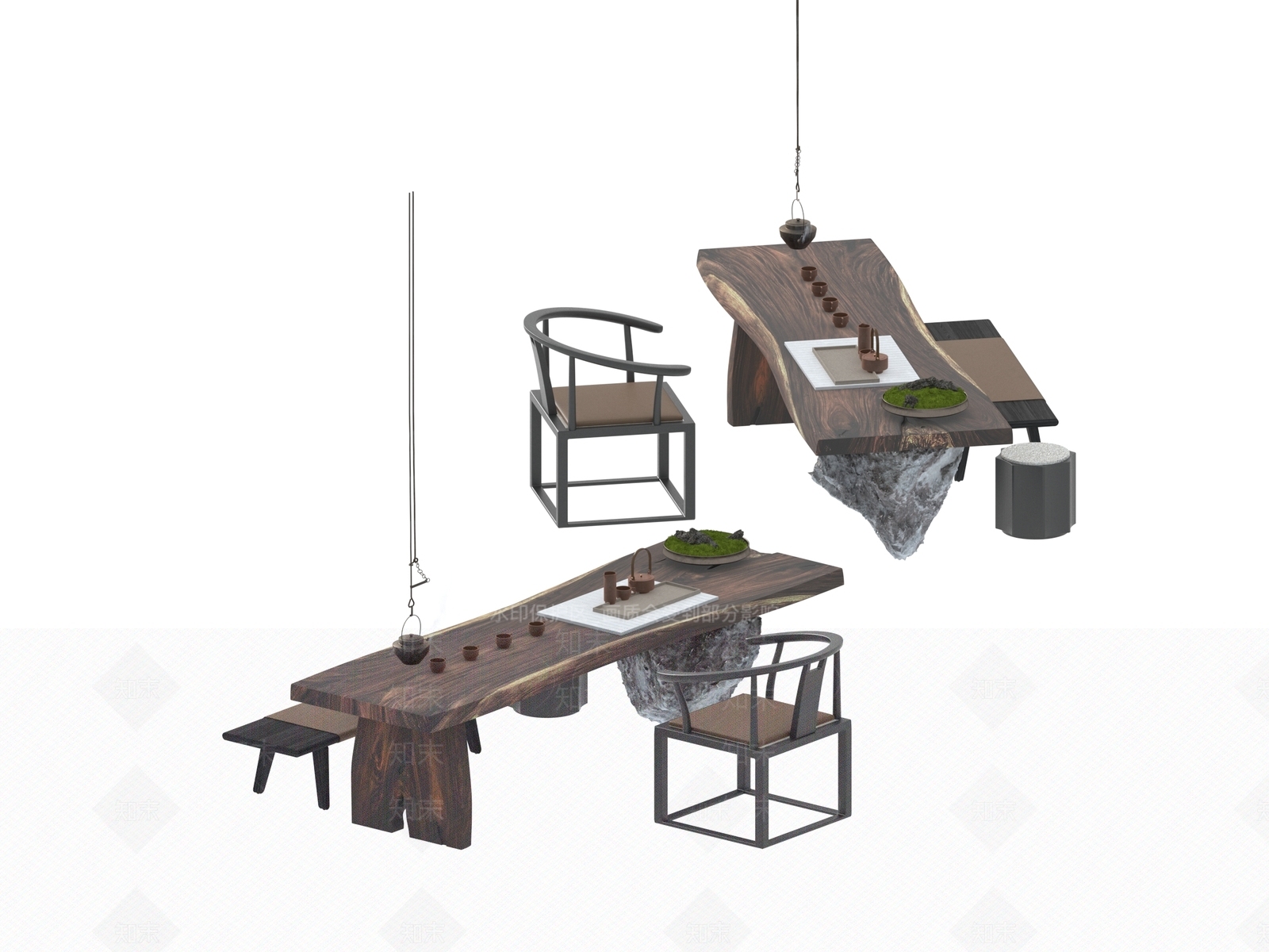 现代新中式茶桌椅3D模型下载【ID:1194526737】