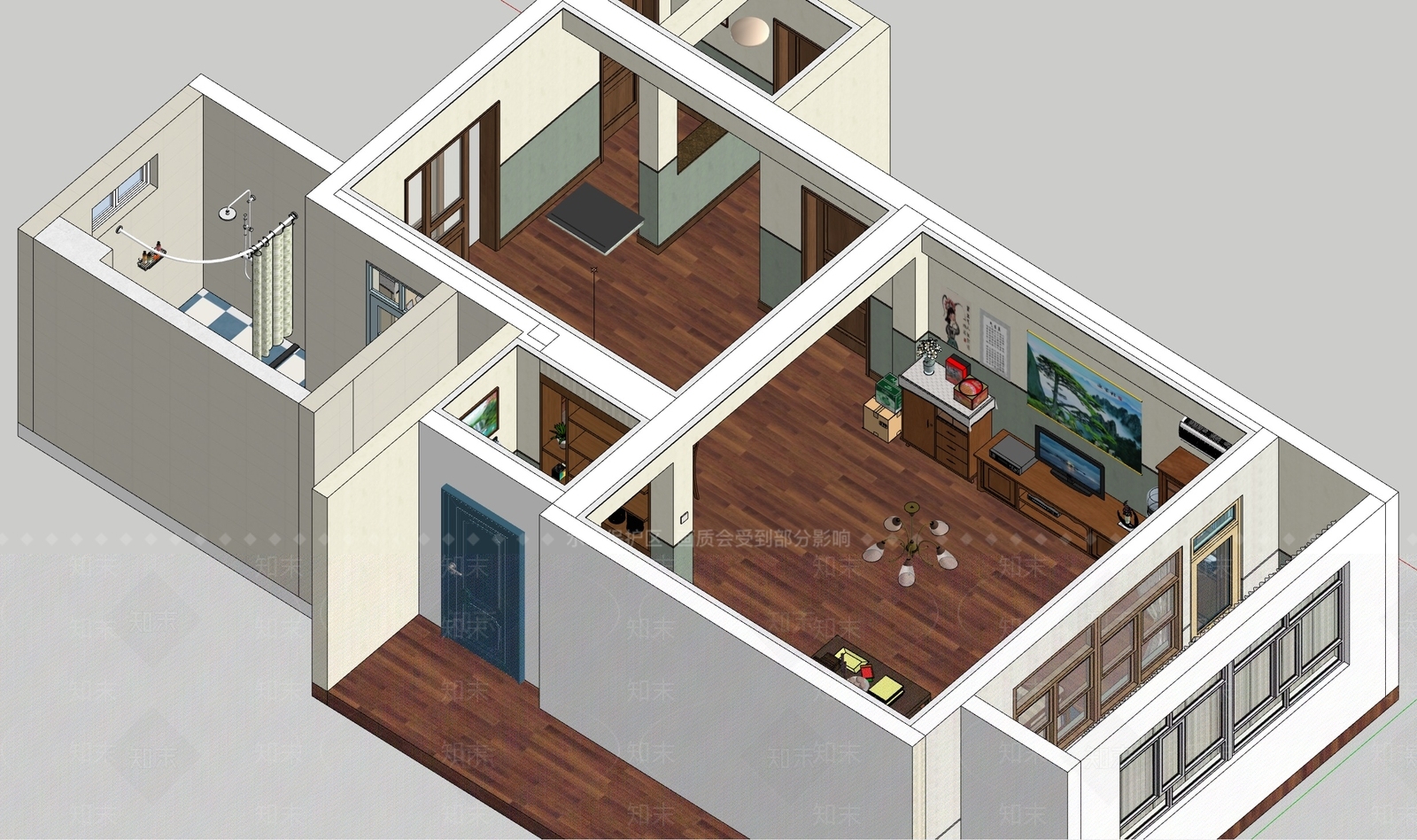 复古原木家装鸟瞰SU模型下载【ID:1194556845】