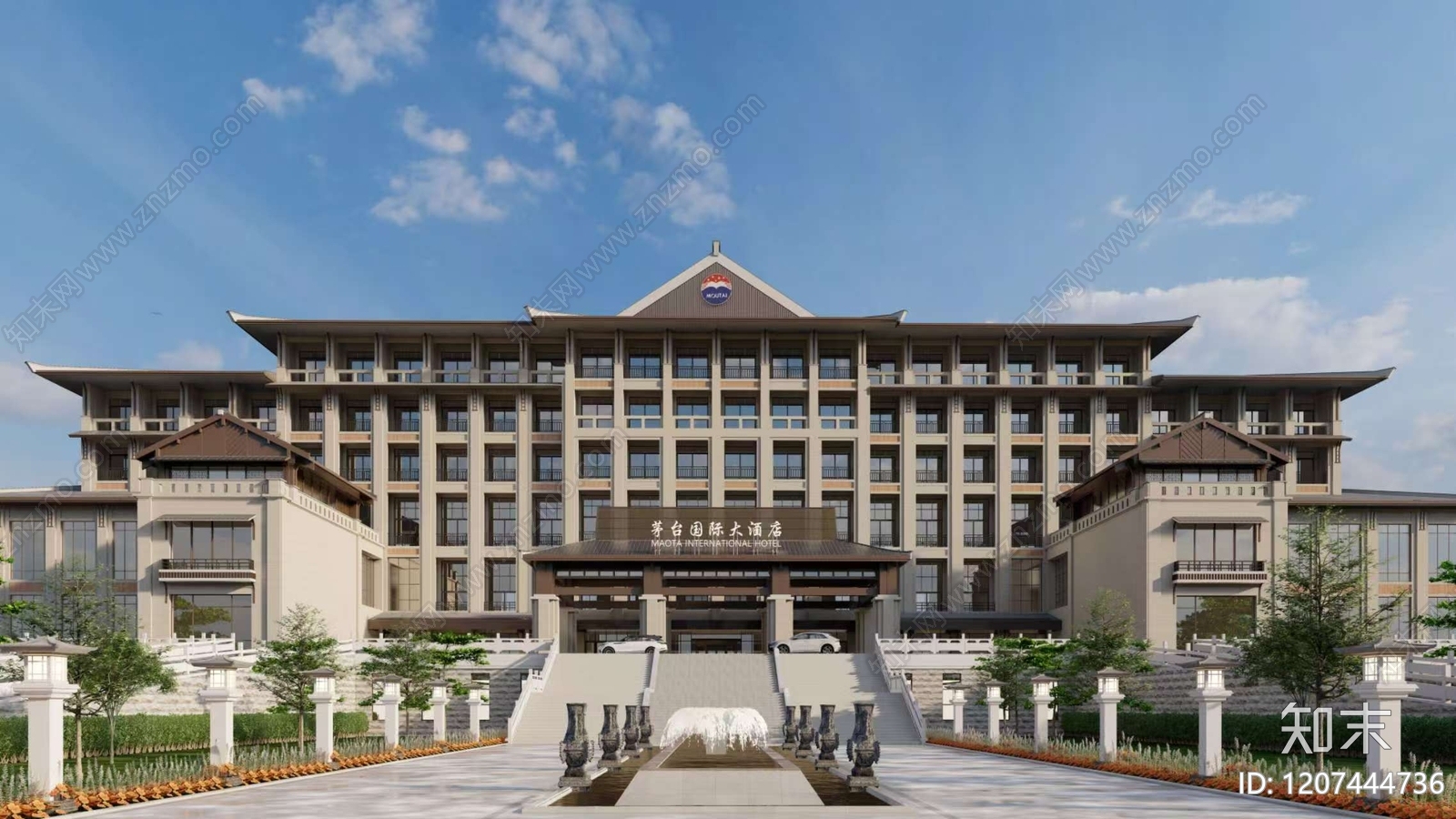 新中式中式酒店建筑SU模型下载【ID:1207444736】