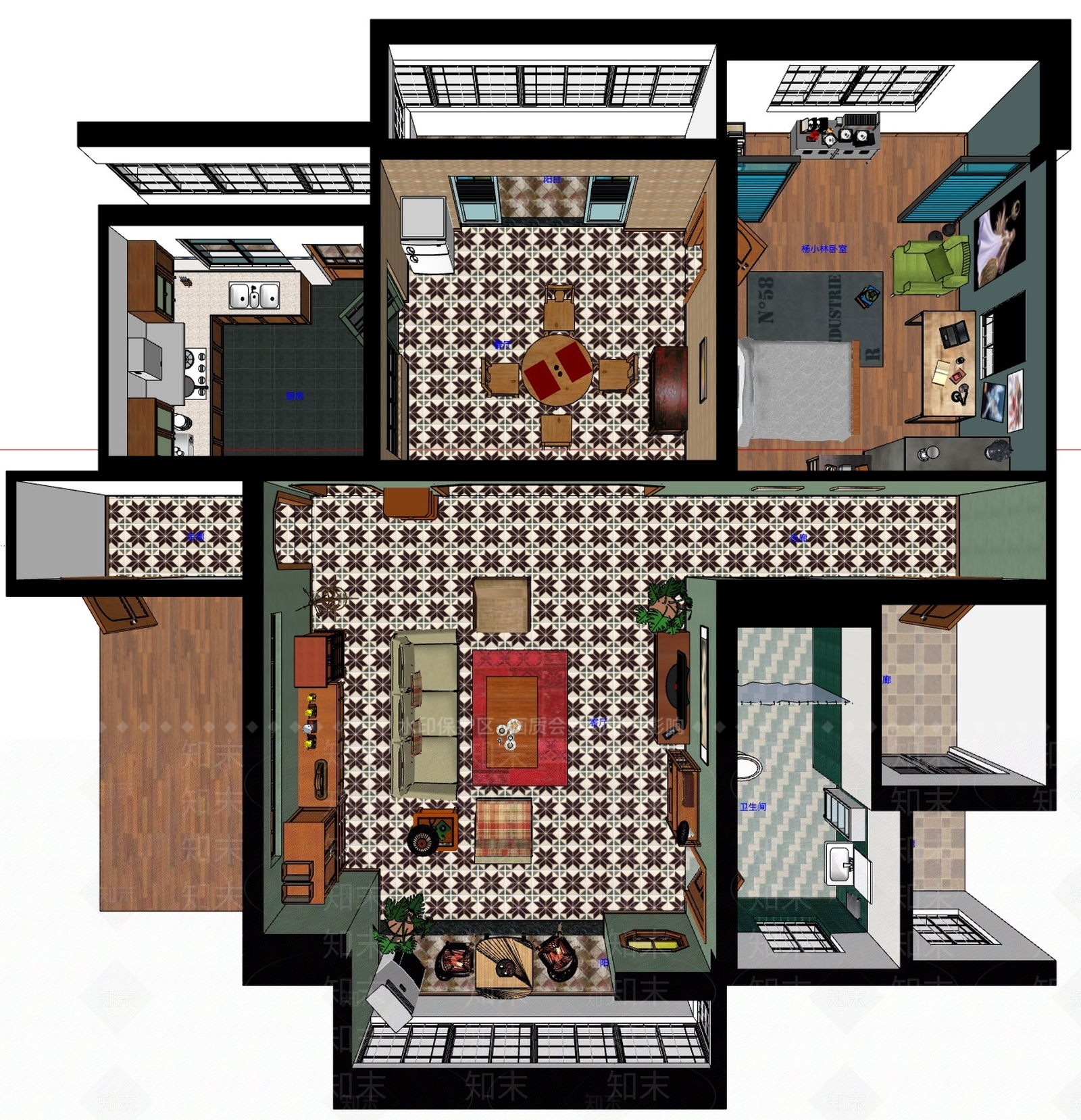 中式复古家装鸟瞰SU模型下载【ID:1194572807】