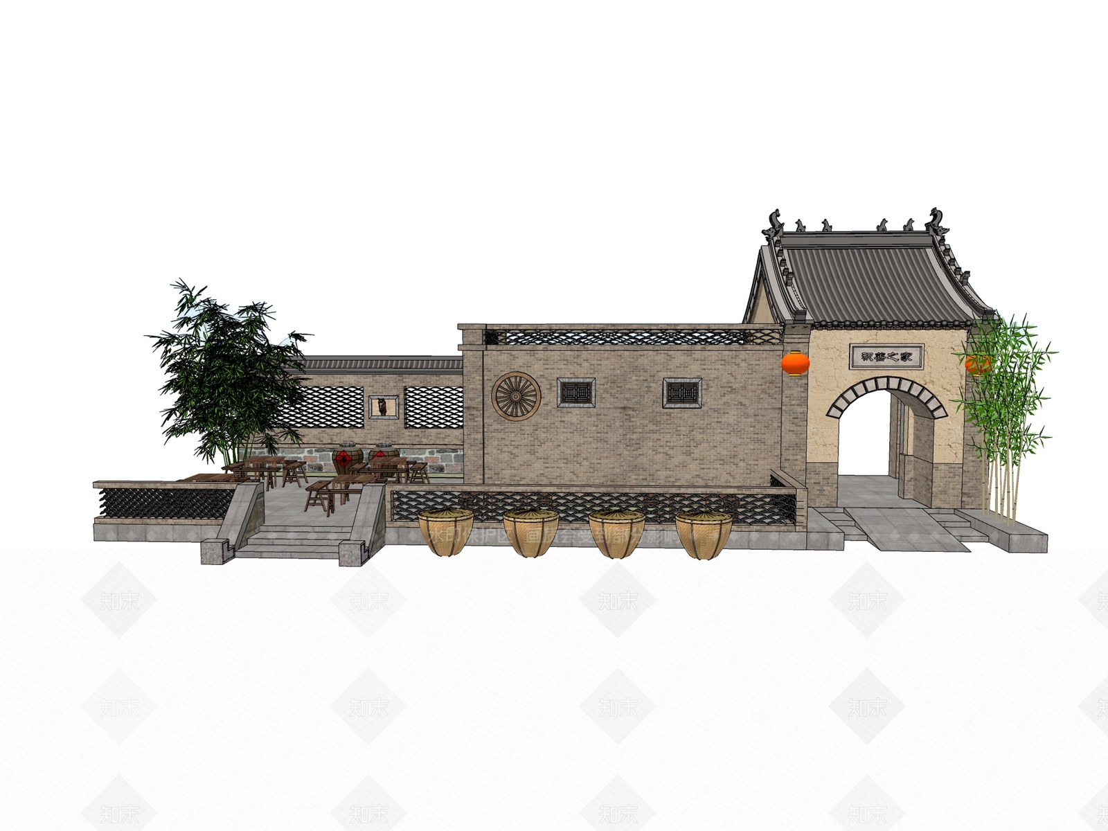 复古中式古建筑SU模型下载【ID:1194594665】