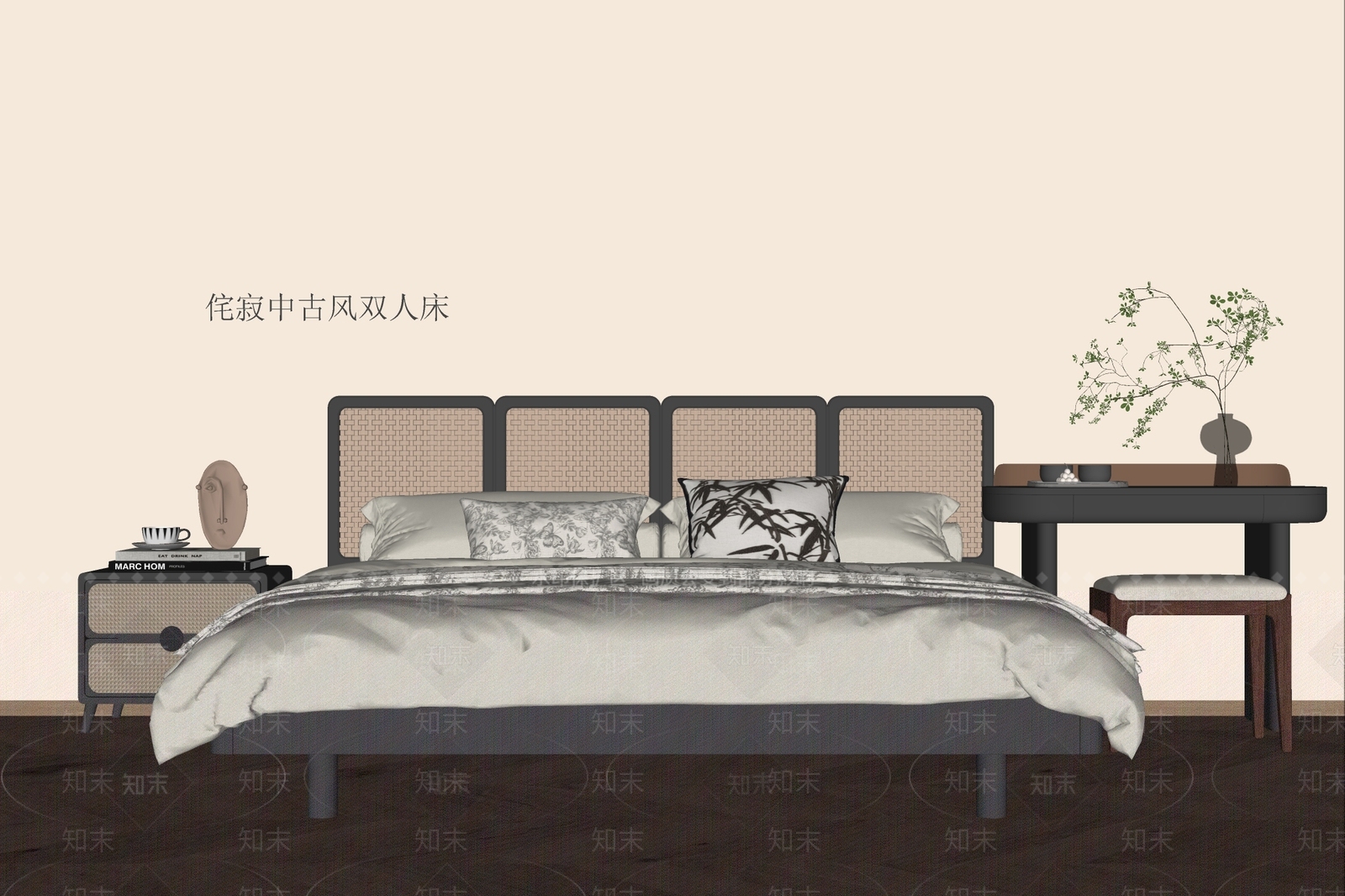 侘寂中古双人床SU模型下载【ID:1194597806】