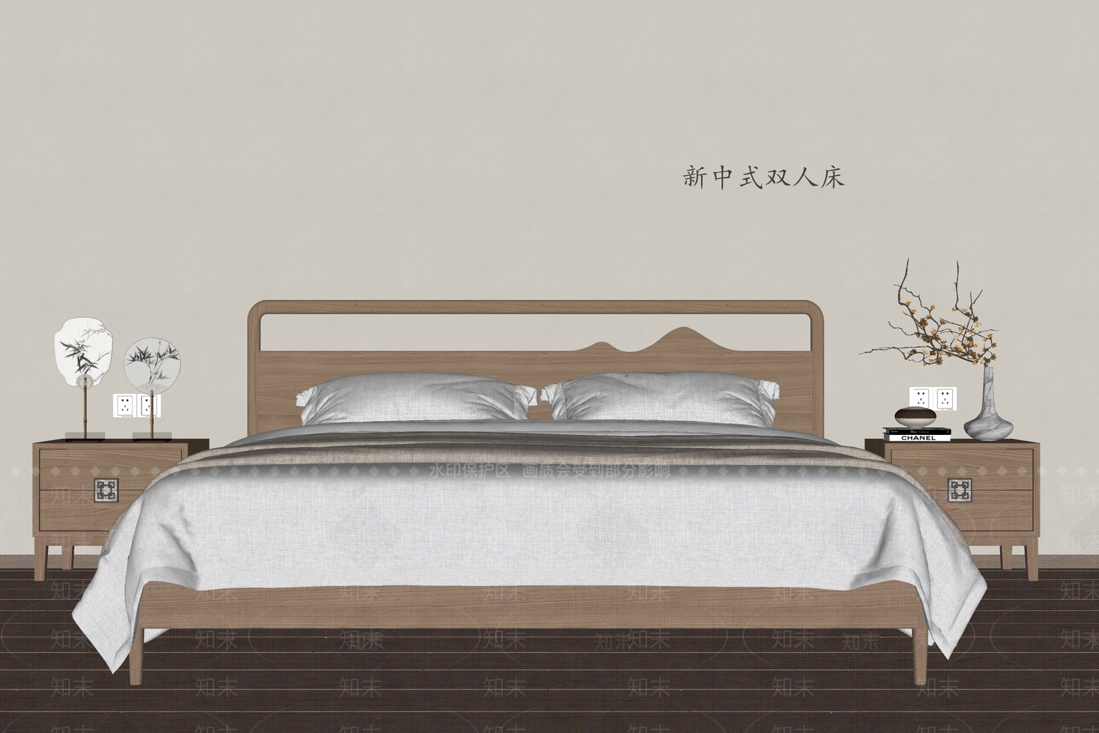 新中式双人床SU模型下载【ID:1194600596】