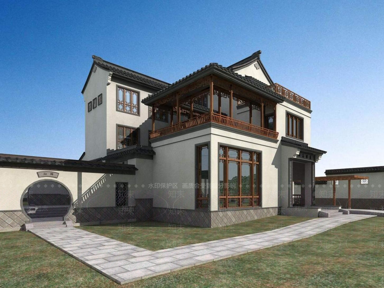 中式别墅外观3D模型下载【ID:1194605736】