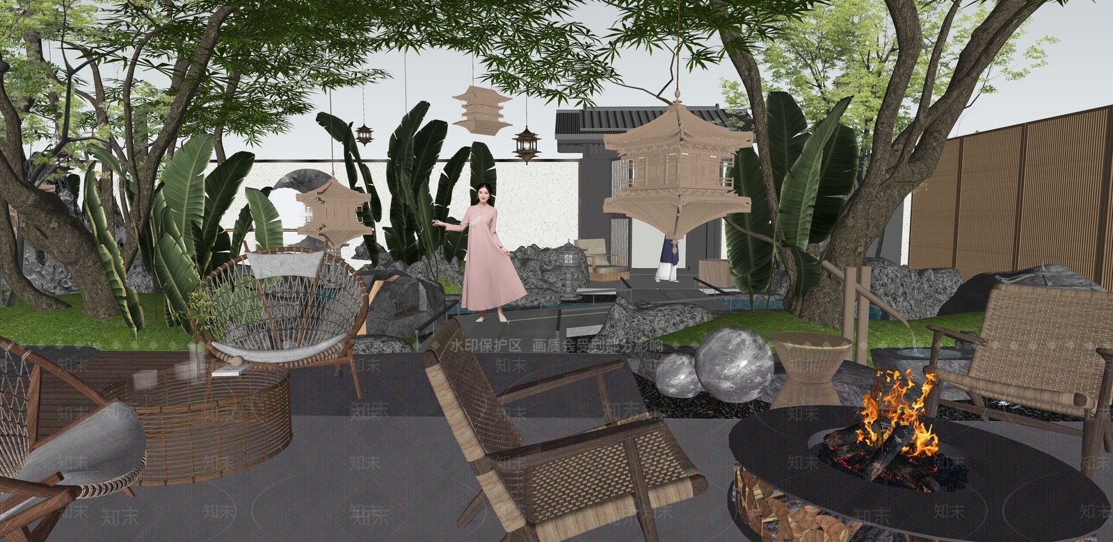 中式轻奢别墅庭院SU模型下载【ID:1194610984】