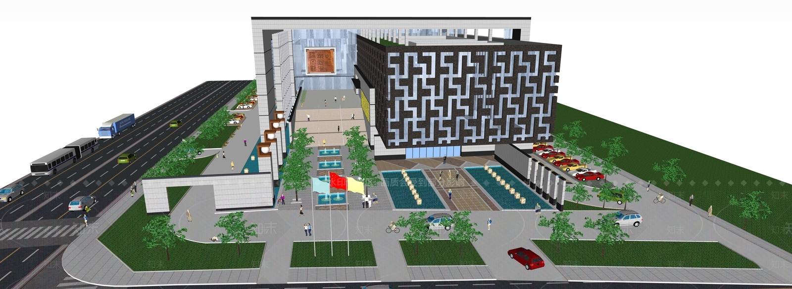 现代新中式展览馆建筑SU模型下载【ID:1194628698】