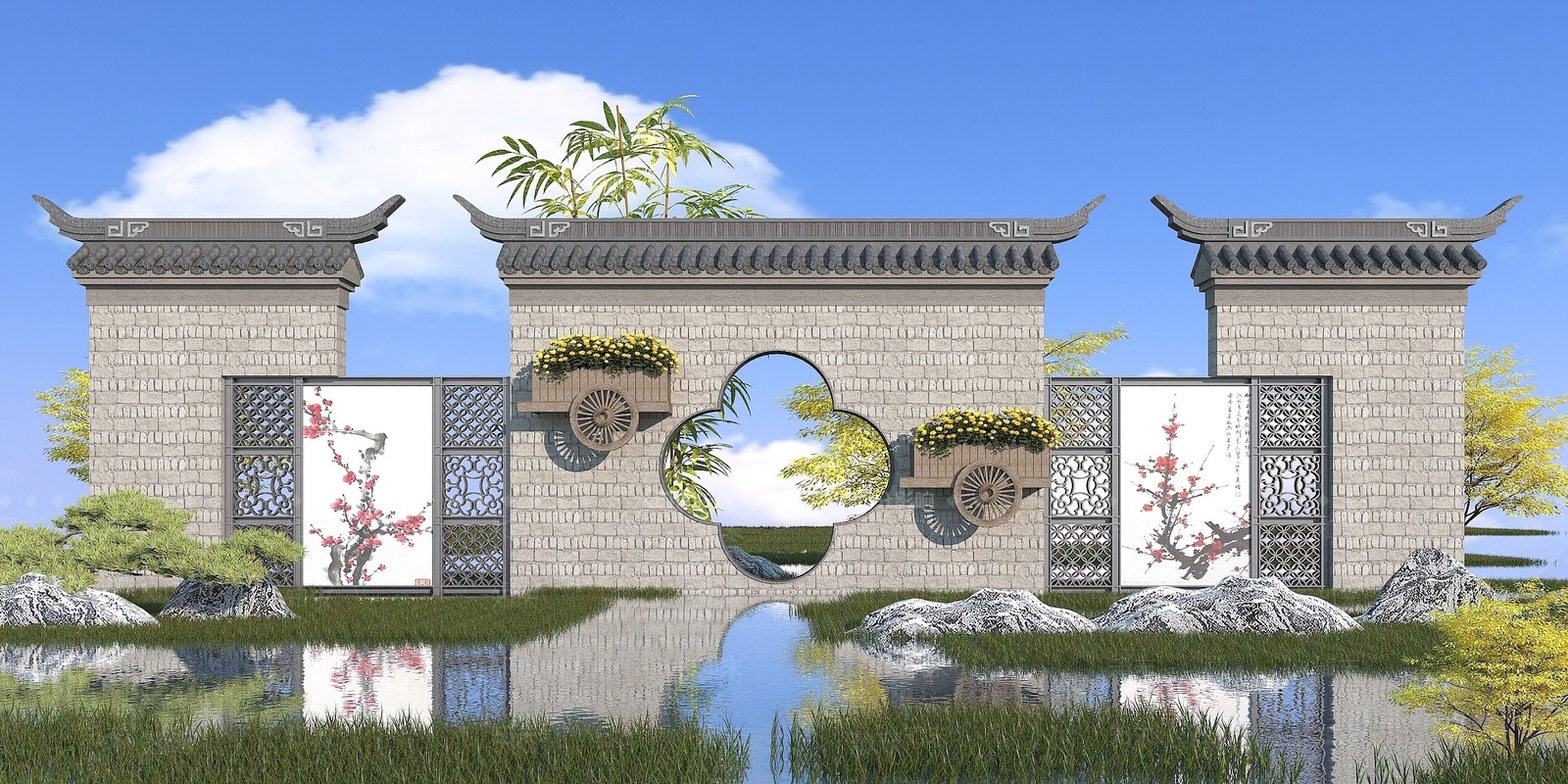 现代古建景墙3D模型下载【ID:1194629865】