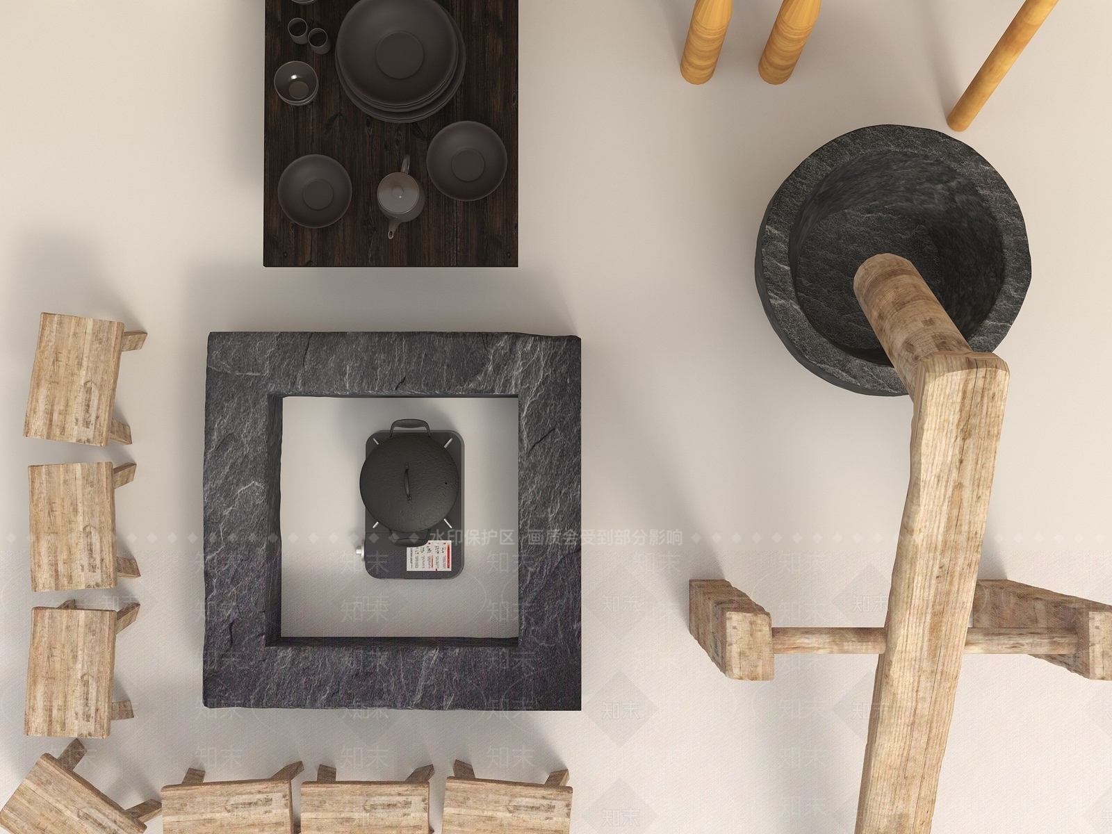 现代打油茶冲糍粑工具3D模型下载【ID:1194640232】