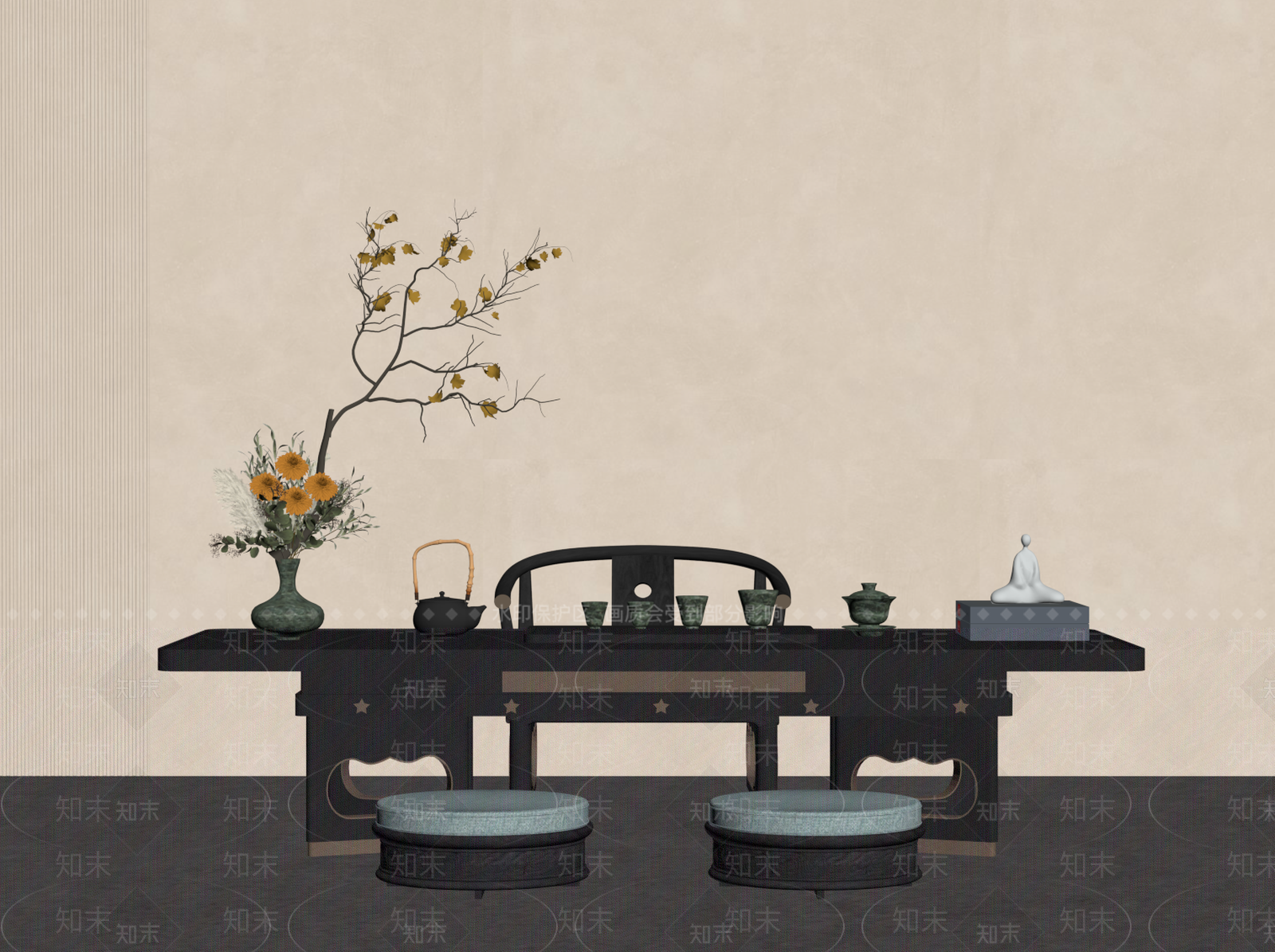 新中式茶桌椅SU模型下载【ID:1194644382】