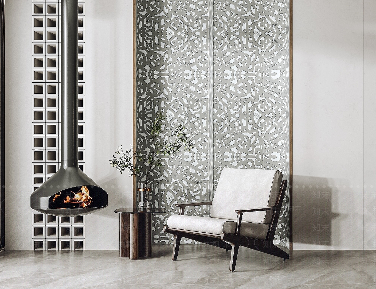 现代休闲椅烤火炉绿植3D模型下载【ID:1194654775】