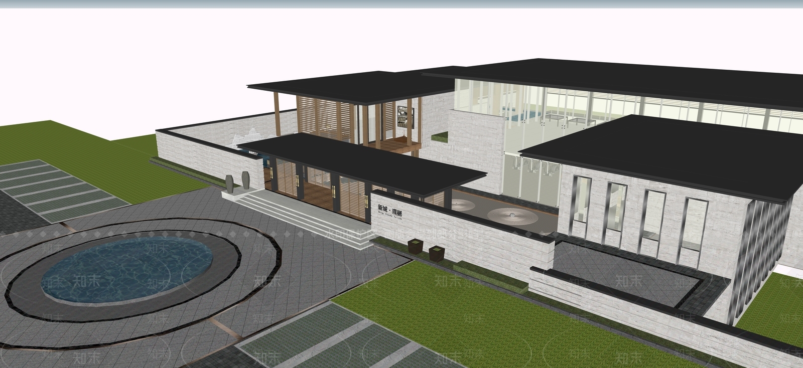 现代新中式售楼处建筑SU模型下载【ID:1194666828】