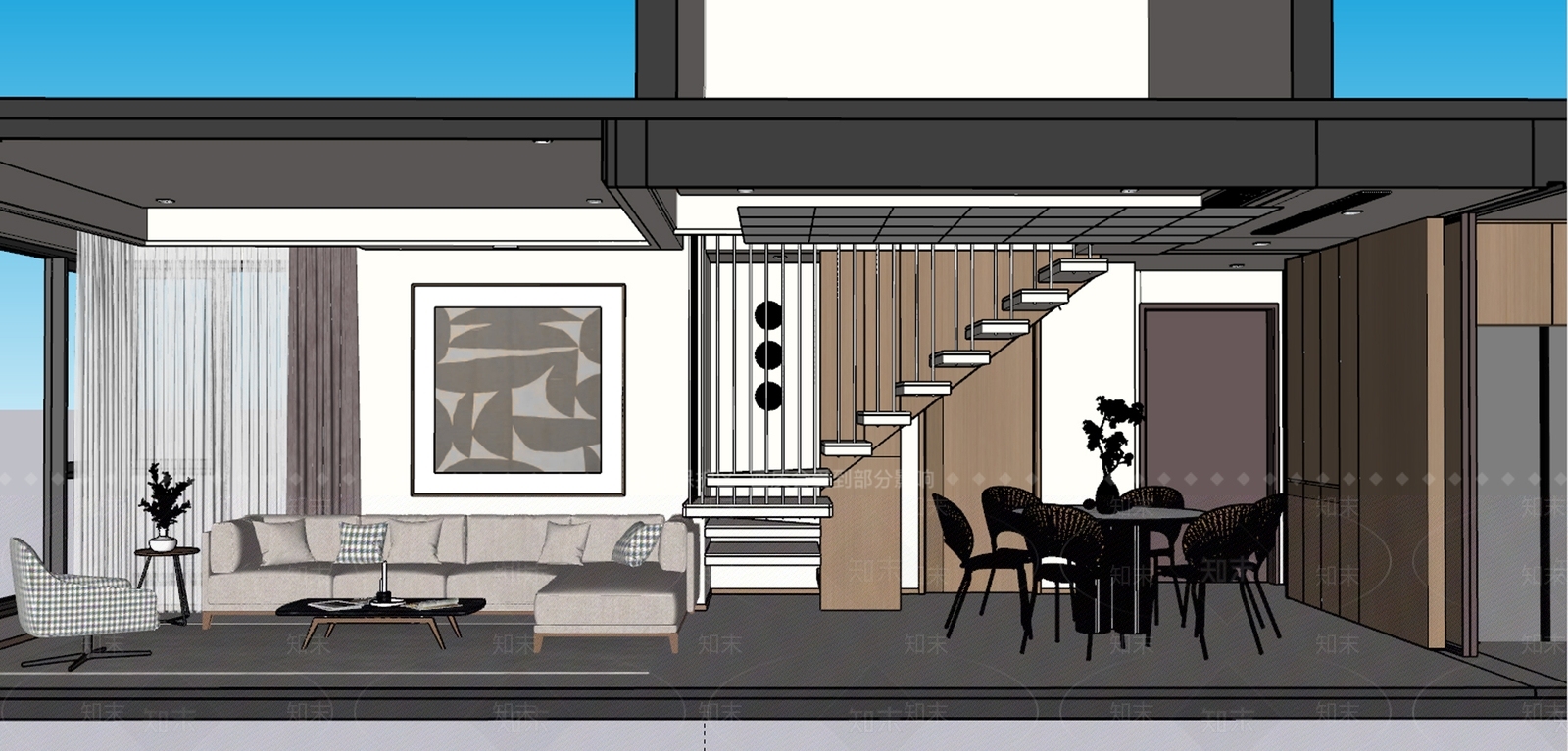 原木现代家居客厅SU模型下载【ID:1194677359】