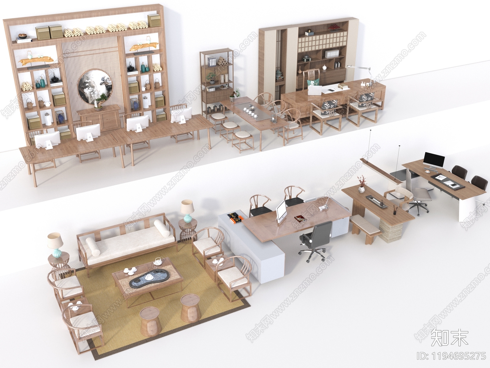 新中式办公室3D模型下载【ID:1194695275】_知末3d模型网