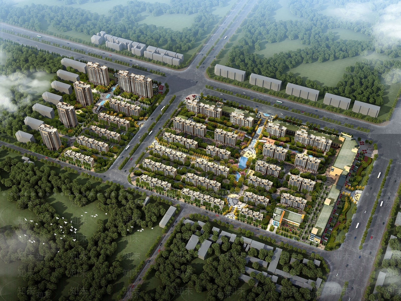 简欧风格多层住宅鸟瞰图3D模型下载【ID:1194766699】