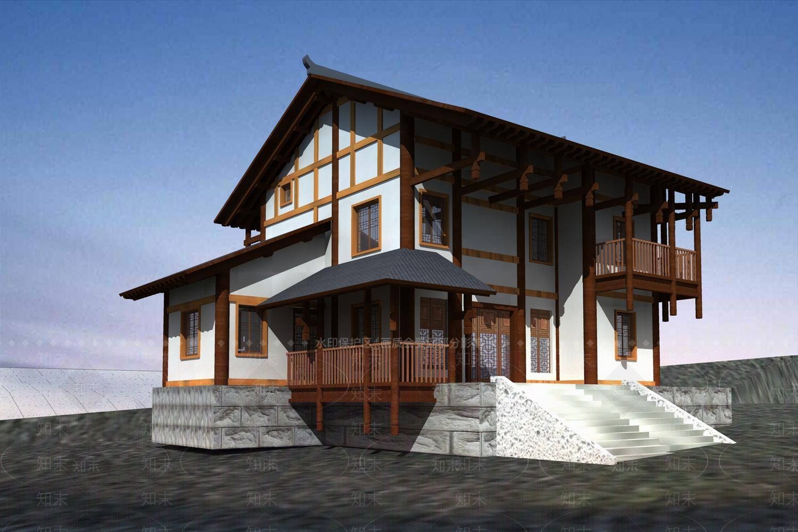 中式别墅外观3D模型下载【ID:1194773474】