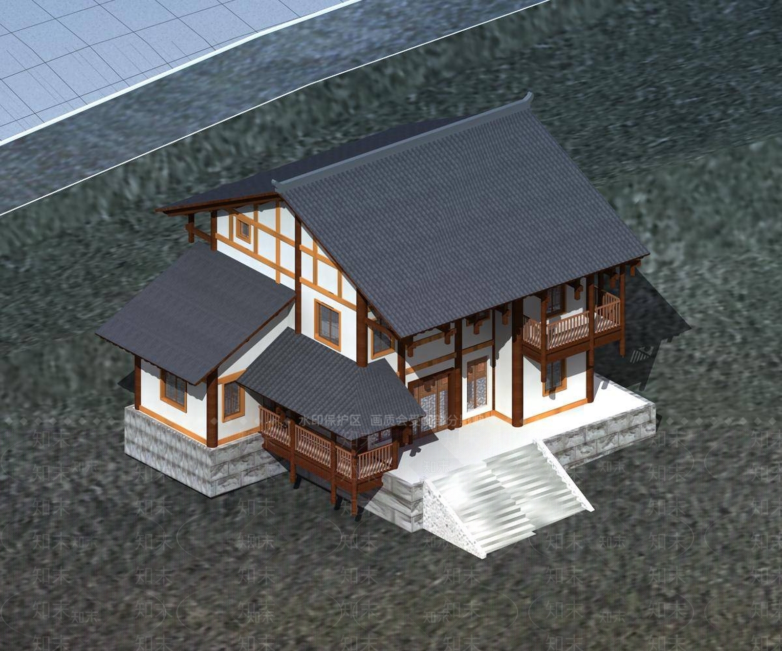 中式别墅外观3D模型下载【ID:1194773474】
